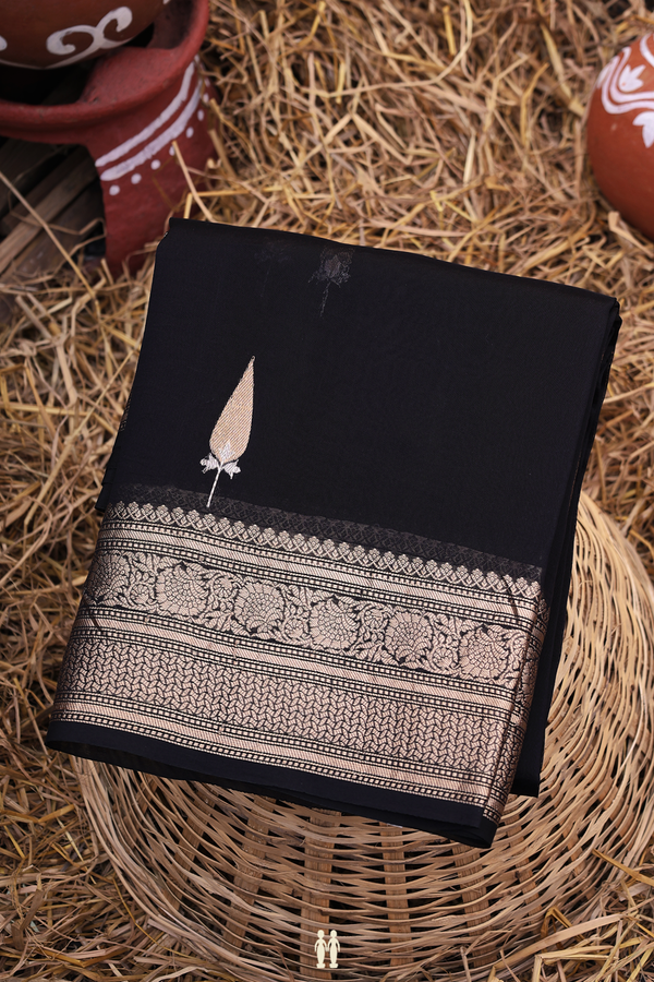 Organza Silk Saree In Black With Zari Buttas