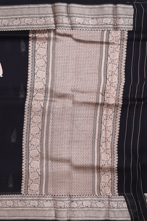 Organza Silk Saree In Black With Zari Buttas