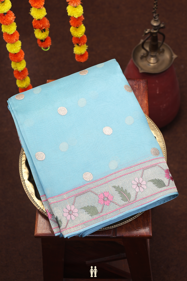Organza Silk Saree In Blue With Polka Buttas