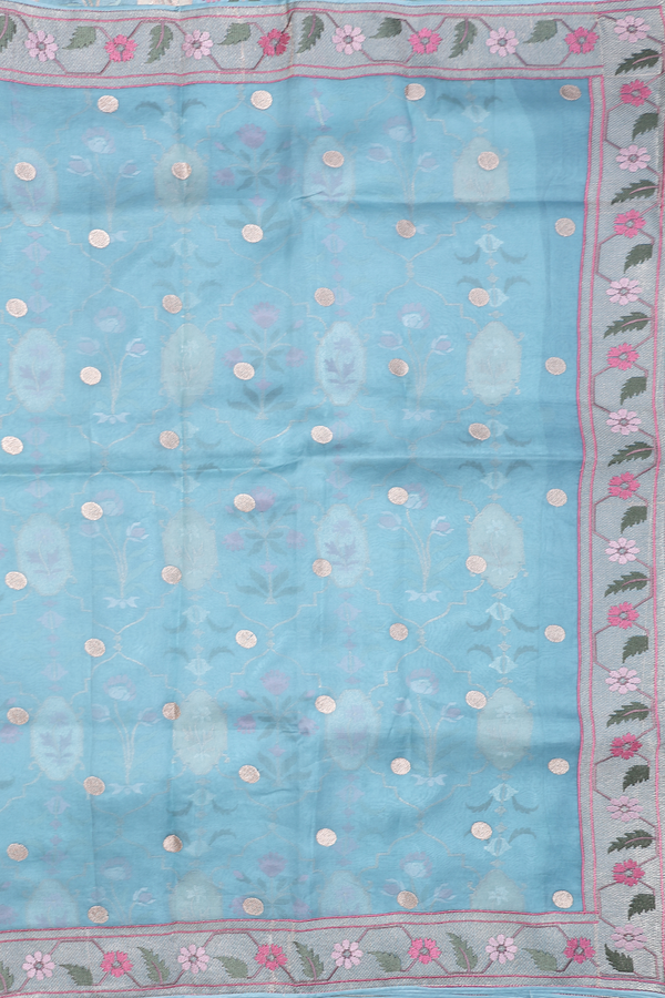 Organza Silk Saree In Blue With Polka Buttas