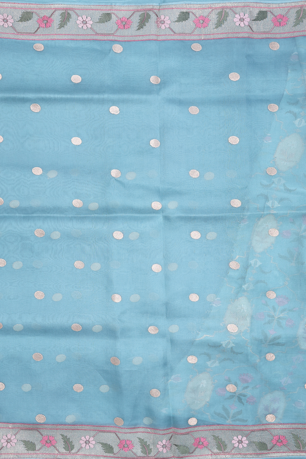 Organza Silk Saree In Blue With Polka Buttas