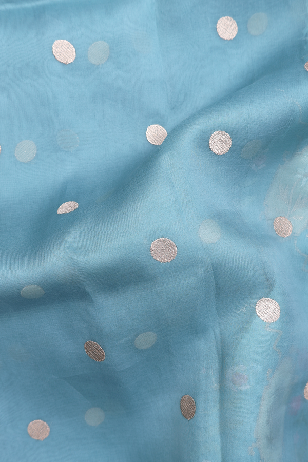 Organza Silk Saree In Blue With Polka Buttas