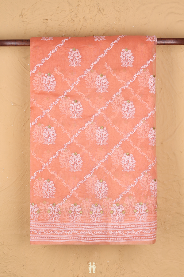 Organza Silk Saree In Blush Orange With Diagonal Design