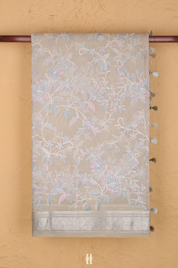 Organza Silk Saree In Brown With Floral Embroidered Design