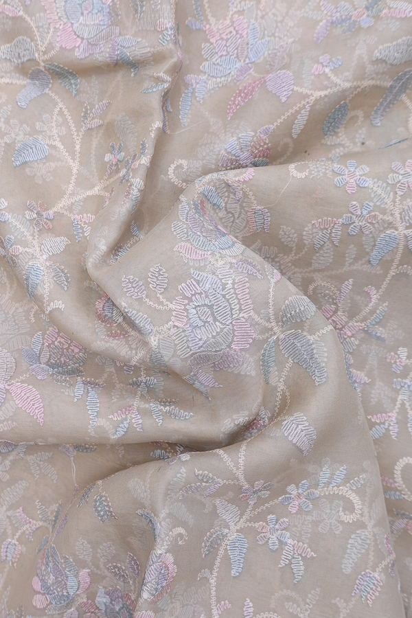 Organza Silk Saree In Brown With Floral Embroidered Design