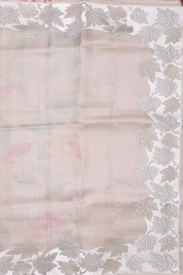 Organza Silk Saree In Brown With Leaf Border