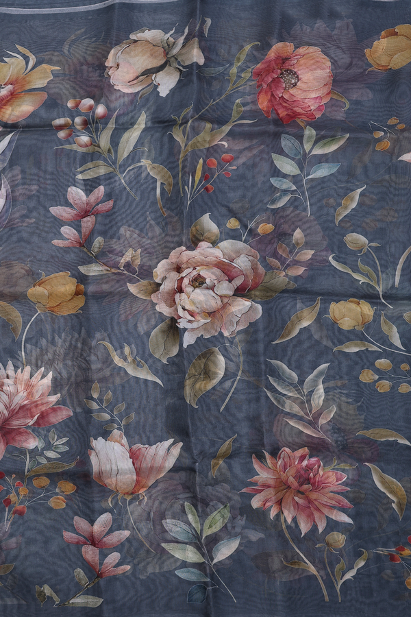 Organza Silk Saree In Charcoal Grey With Floral Design