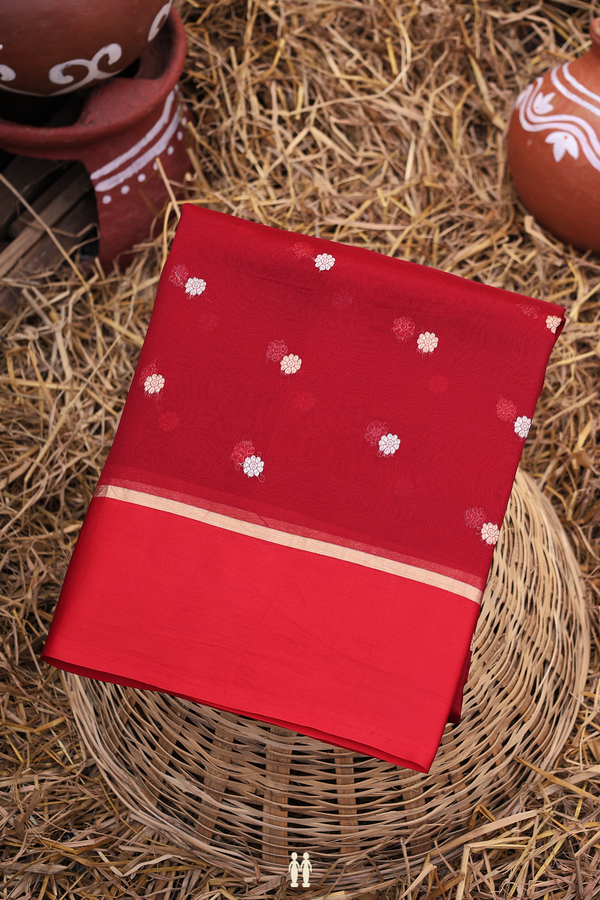 Organza Silk Saree In Crimson Red With Floral Buttas