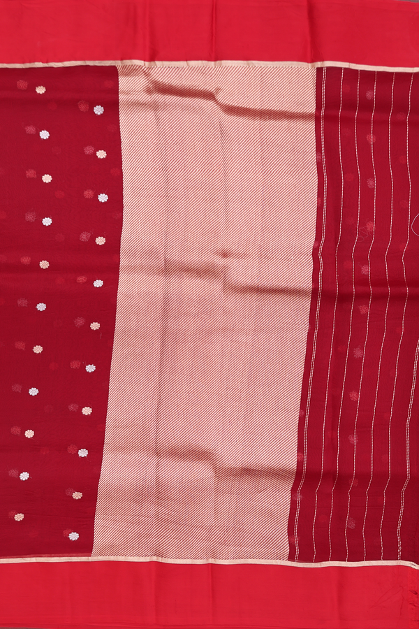 Organza Silk Saree In Crimson Red With Floral Buttas