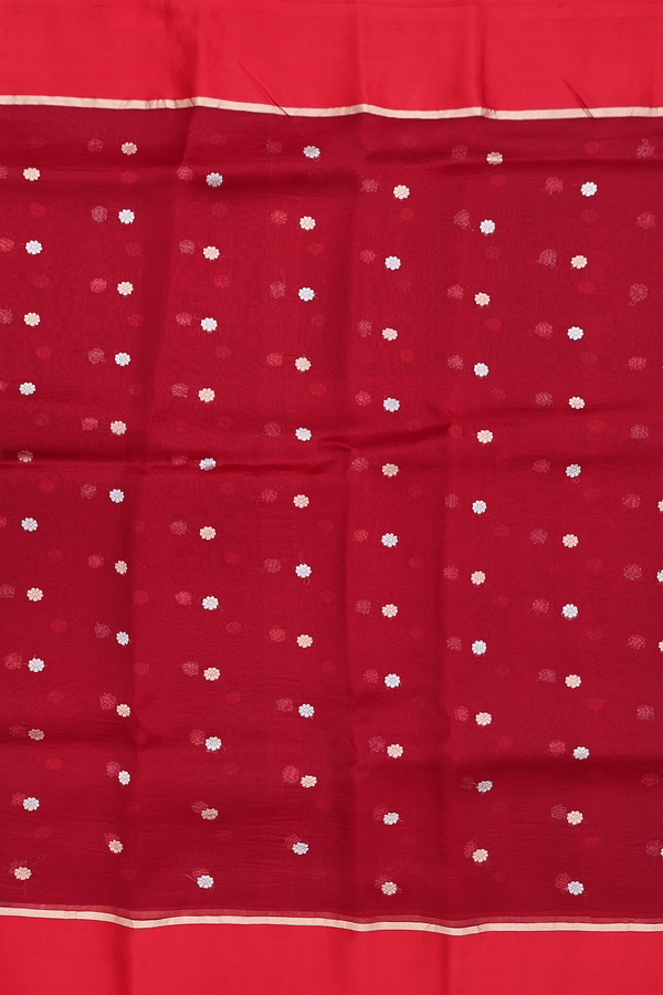Organza Silk Saree In Crimson Red With Floral Buttas