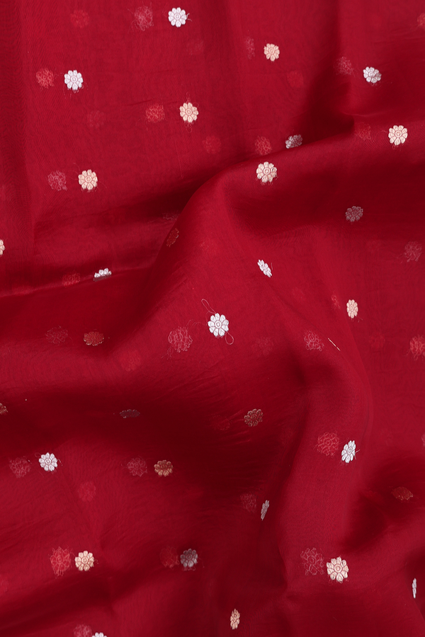 Organza Silk Saree In Crimson Red With Floral Buttas