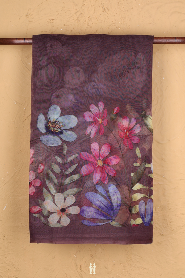 Organza Silk Saree In Dusty Purple With Floral Border