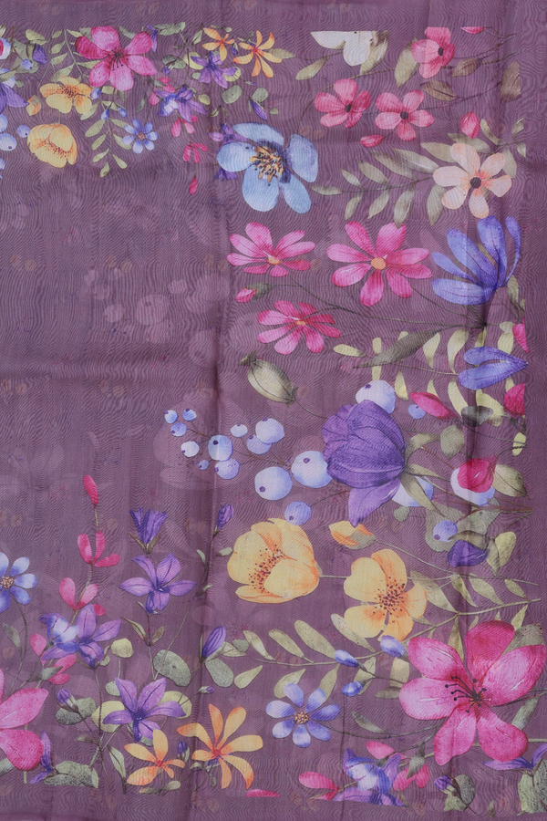 Organza Silk Saree In Dusty Purple With Floral Border
