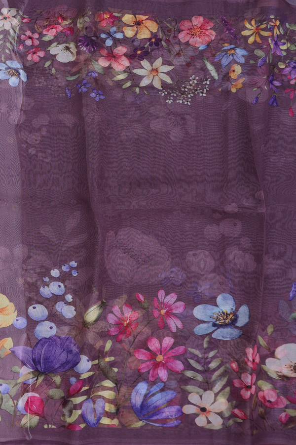 Organza Silk Saree In Dusty Purple With Floral Border