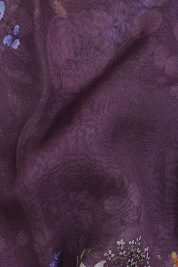 Organza Silk Saree In Dusty Purple With Floral Border