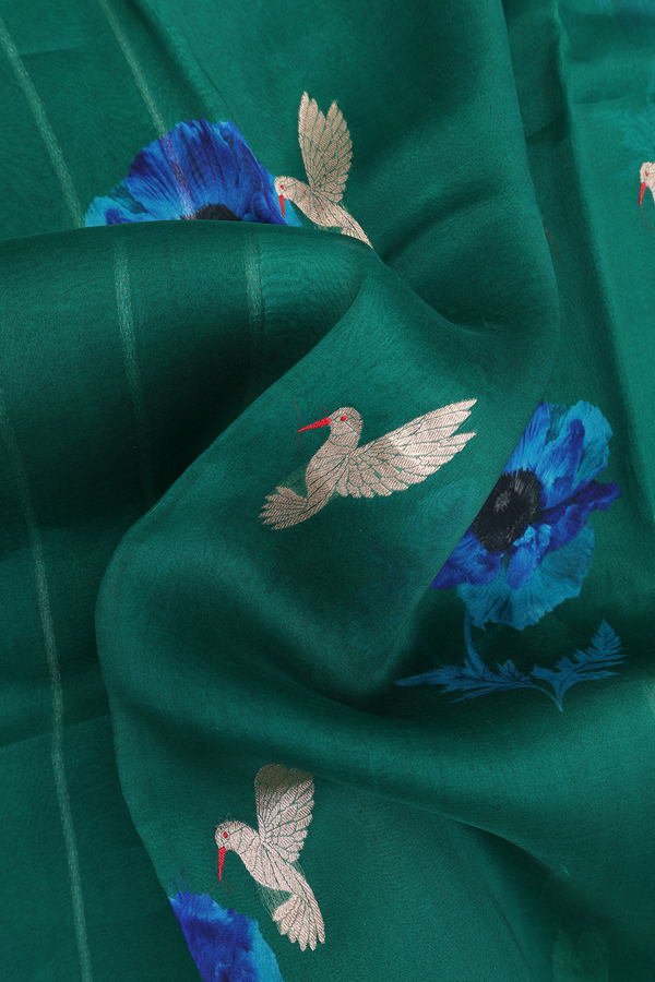 Organza Silk Saree In Emerald Green With Floral Design