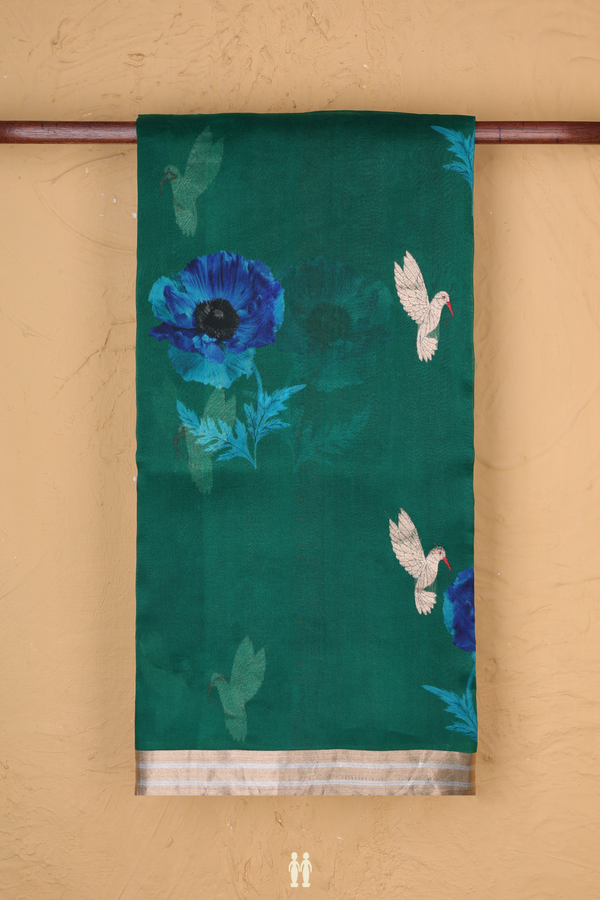 Organza Silk Saree In Emerald Green With Floral Design