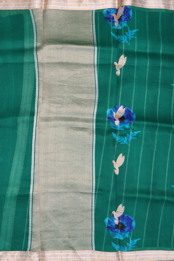Organza Silk Saree In Emerald Green With Floral Design
