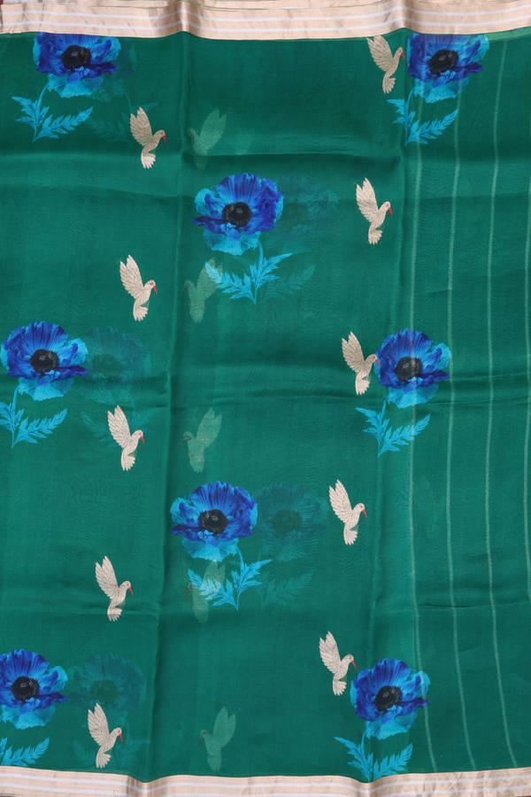 Organza Silk Saree In Emerald Green With Floral Design