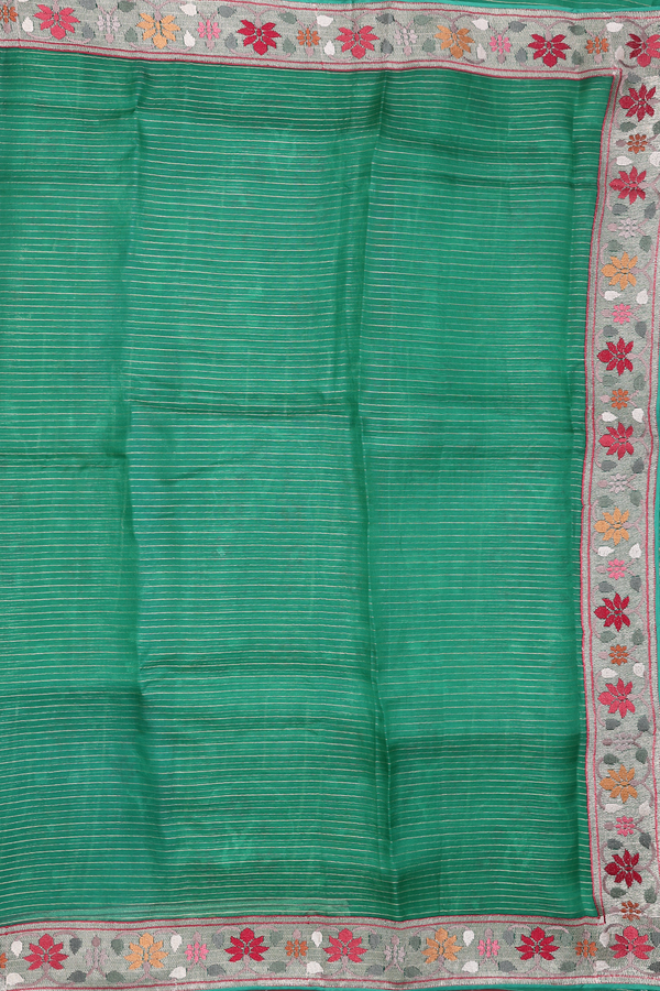 Organza Silk Saree In Forest Green With Stripes Design