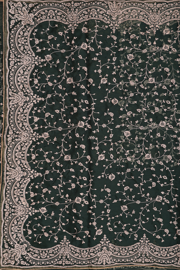 Organza Silk Saree In Green With Floral Embroidered Design