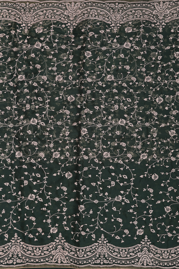 Organza Silk Saree In Green With Floral Embroidered Design