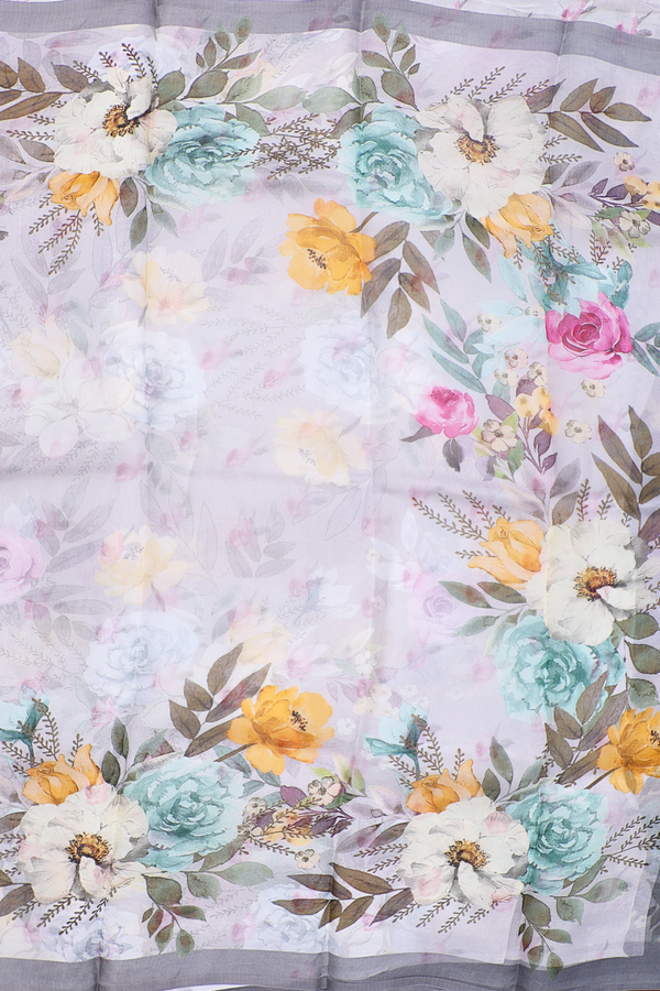 Organza Silk Saree In Grey With Floral Printed Design