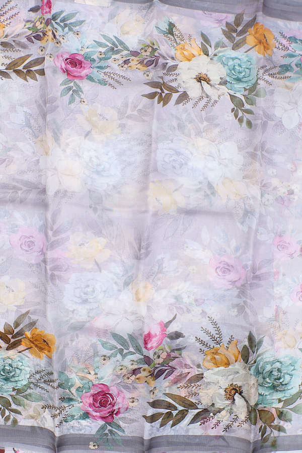 Organza Silk Saree In Grey With Floral Printed Design