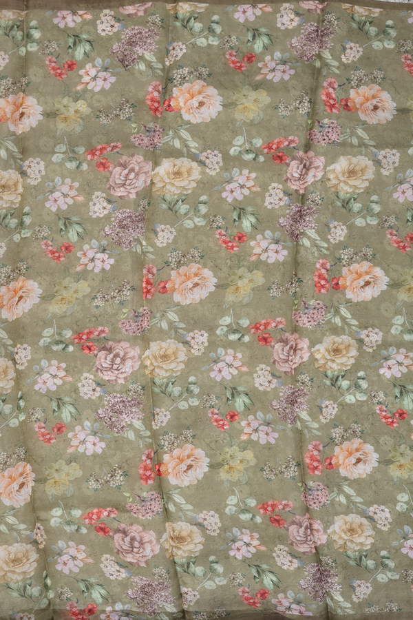 Organza Silk Saree In Olive Green With Floral Design
