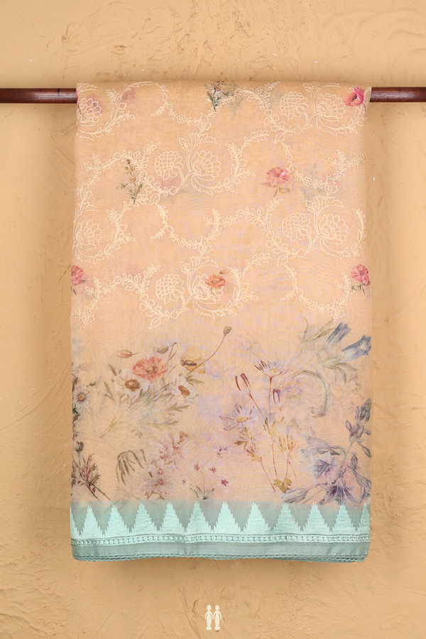 Organza Silk Saree In Orange With Floral Embroidered Design