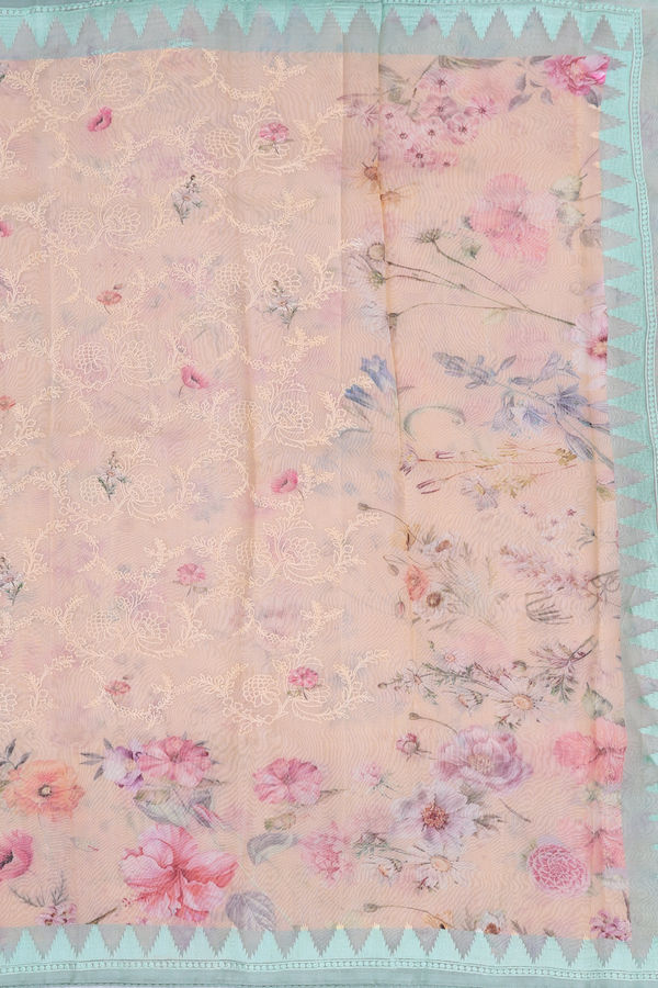 Organza Silk Saree In Orange With Floral Embroidered Design