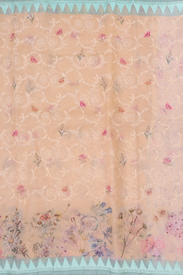 Organza Silk Saree In Orange With Floral Embroidered Design