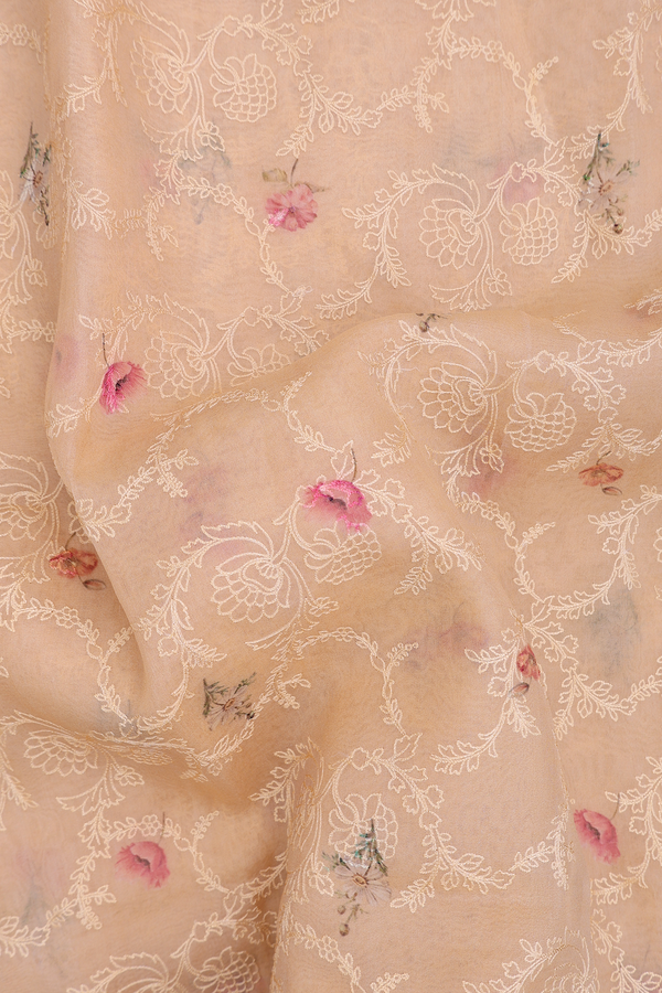 Organza Silk Saree In Orange With Floral Embroidered Design