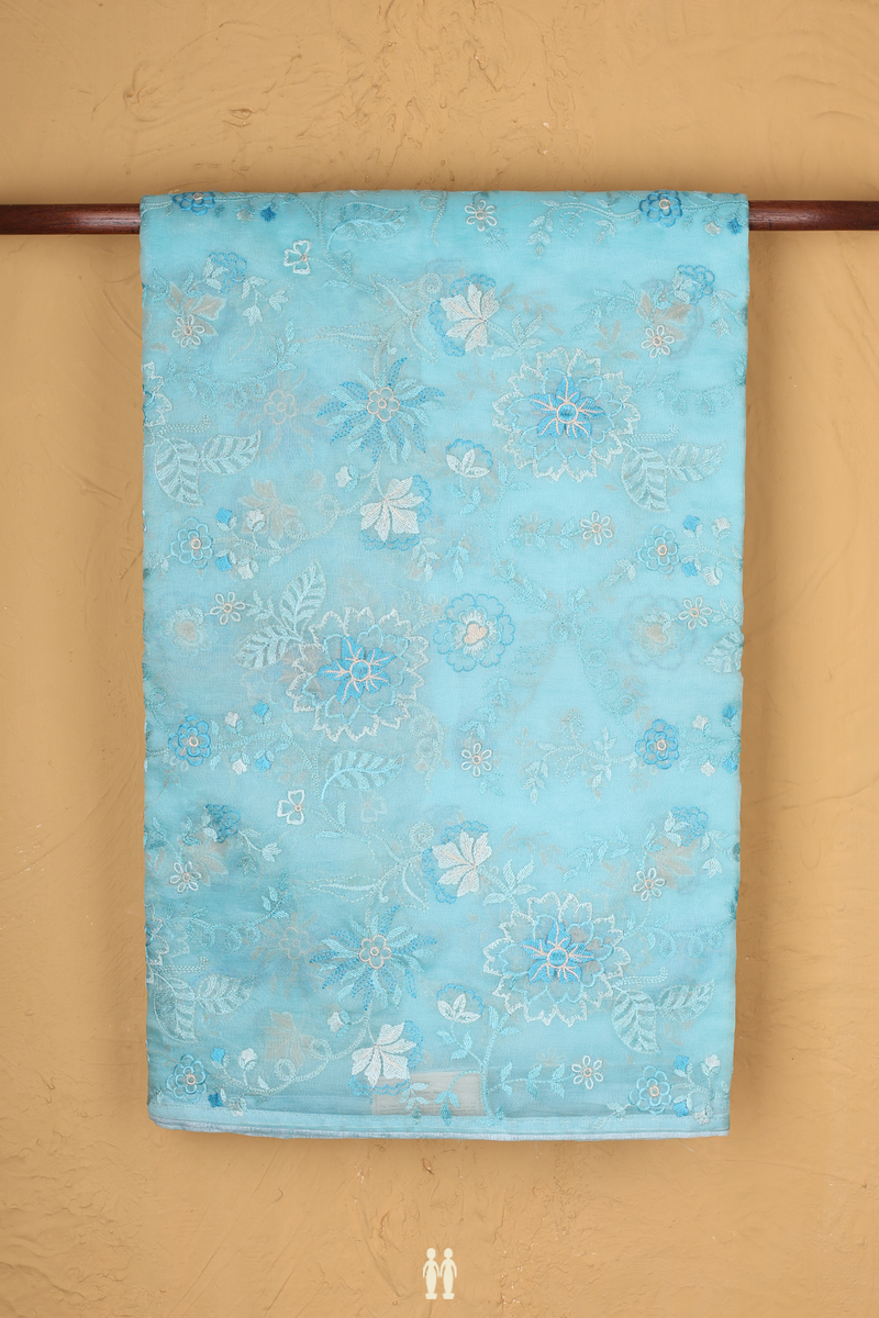 Organza Silk Saree In Pastel Blue With Floral Design