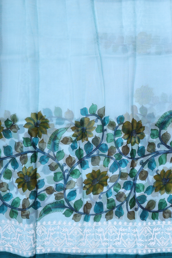 Organza Silk Saree In Pastel Blue With Floral Design