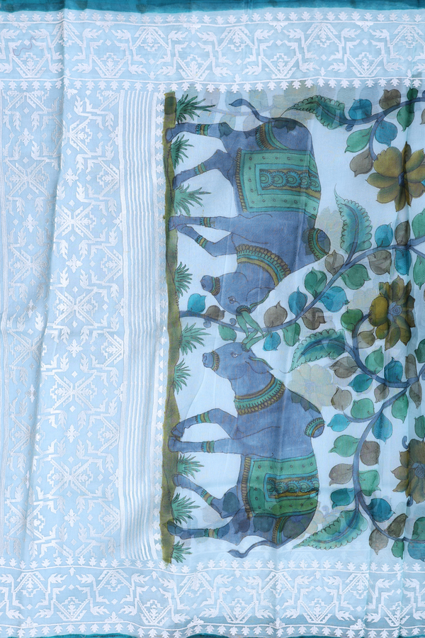 Organza Silk Saree In Pastel Blue With Floral Design