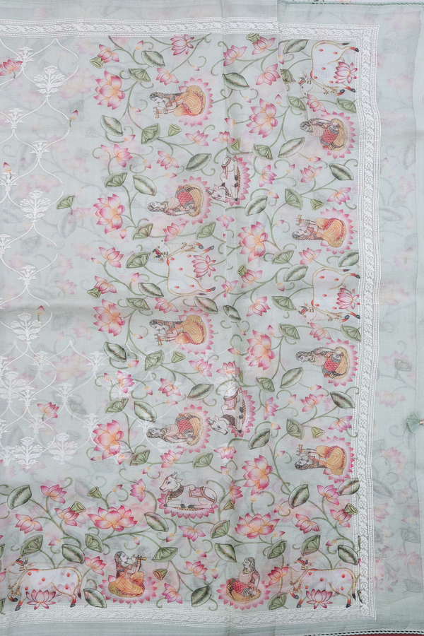 Organza Silk Saree In Pastel Green With Embroidered Design