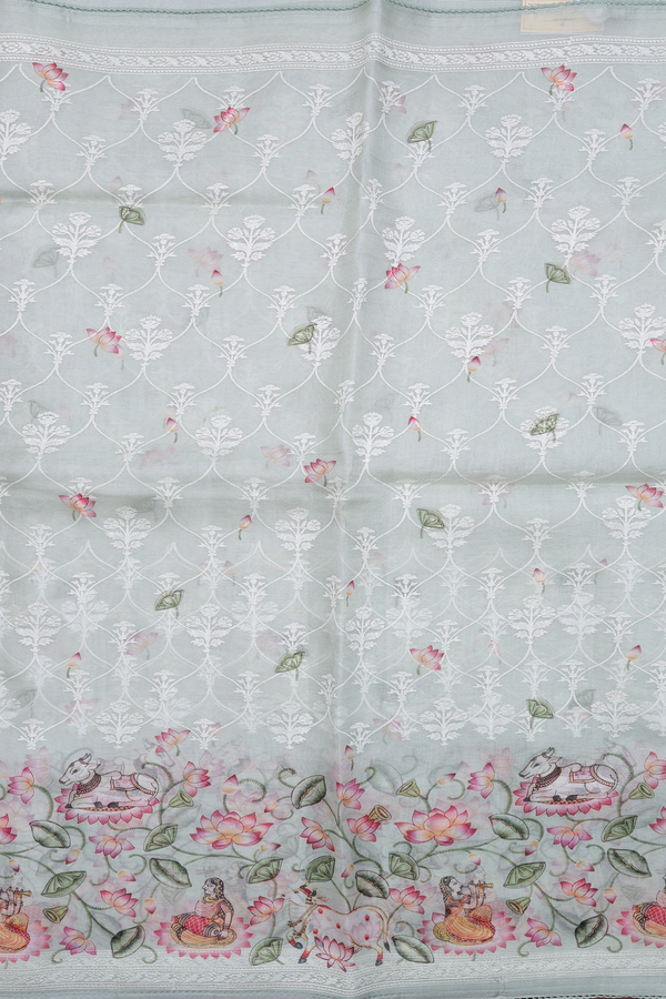 Organza Silk Saree In Pastel Green With Embroidered Design