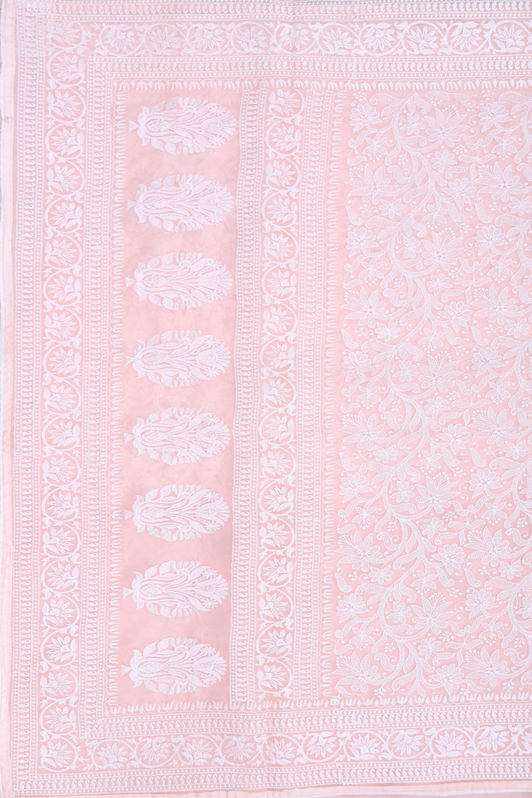 Organza Silk Saree In Pastel Orange With Embroidered Design