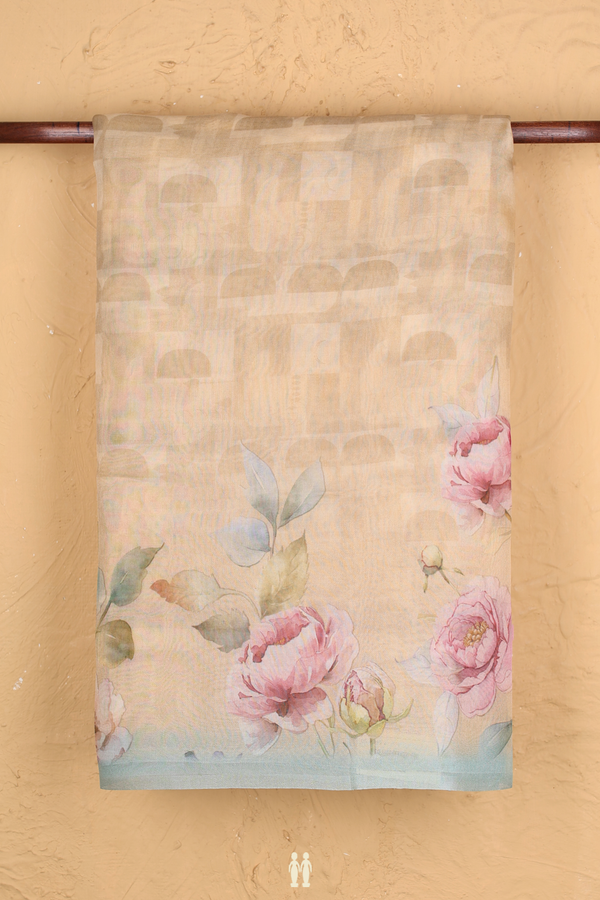 Organza Silk Saree In Pastel Orange With Floral Design