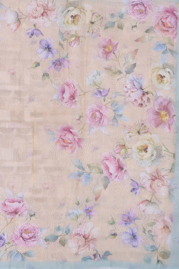 Organza Silk Saree In Pastel Orange With Floral Design