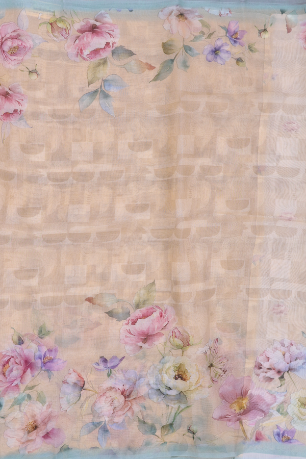 Organza Silk Saree In Pastel Orange With Floral Design