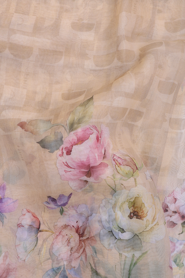 Organza Silk Saree In Pastel Orange With Floral Design