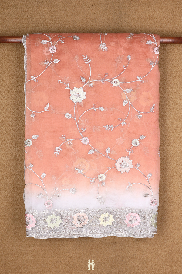 Organza Silk Saree In Pastel Red With Embroidered Design