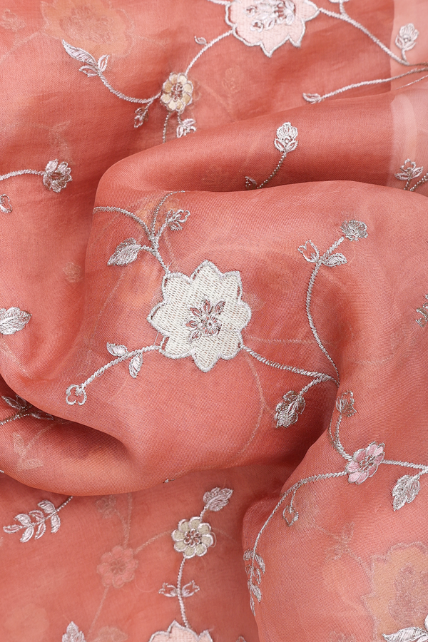 Organza Silk Saree In Pastel Red With Embroidered Design