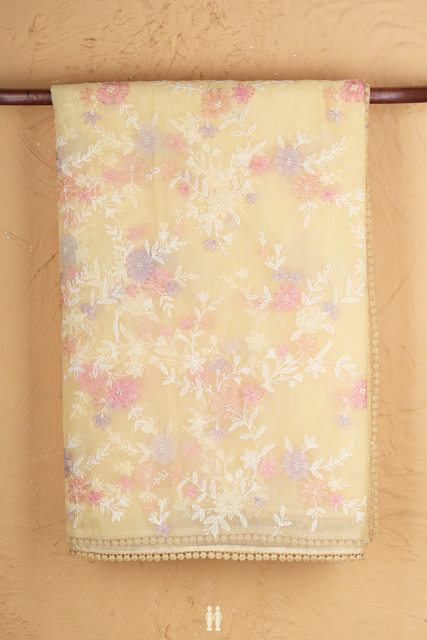 Organza Silk Saree In Pastel Yellow With Embroidered Design