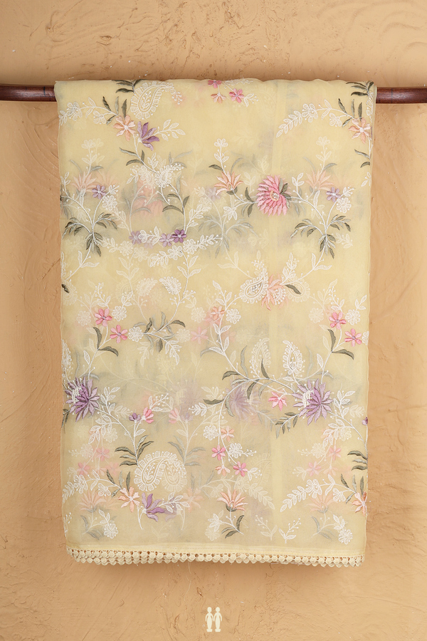 Organza Silk Saree In Pastel Yellow With Embroidered Design