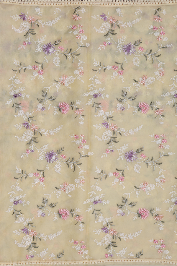 Organza Silk Saree In Pastel Yellow With Embroidered Design