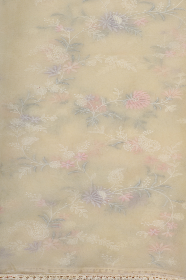 Organza Silk Saree In Pastel Yellow With Embroidered Design