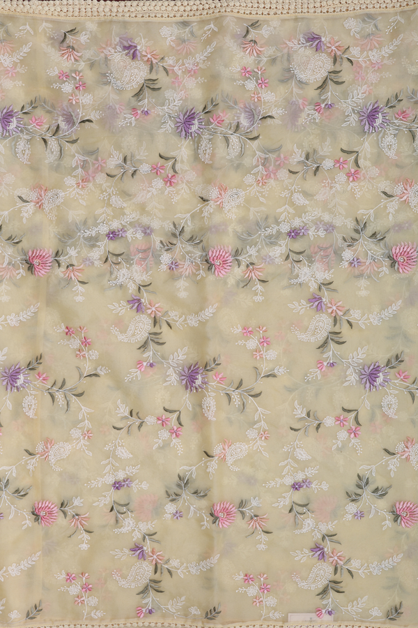 Organza Silk Saree In Pastel Yellow With Embroidered Design